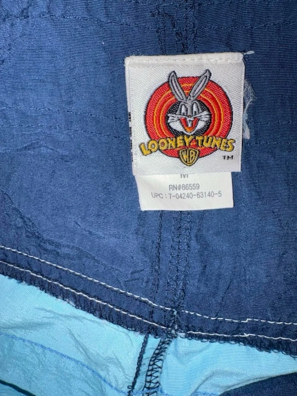 Vintage 1999 looney tunes tweety Navy Swim Trunks with Light Blue Stripes